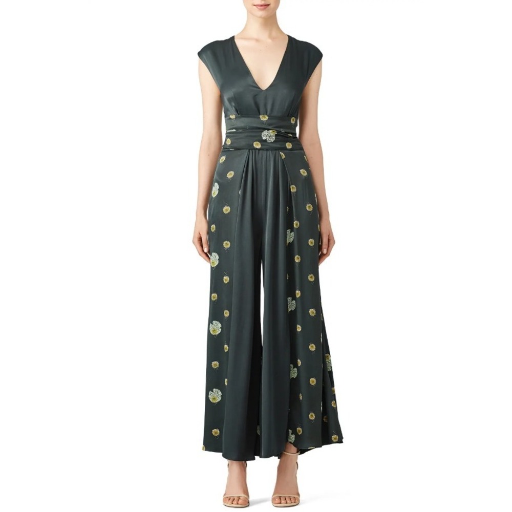 Free People Boho Floral Jumpsuit L Green Satin Wide Leg Sleeveless Tie Waist